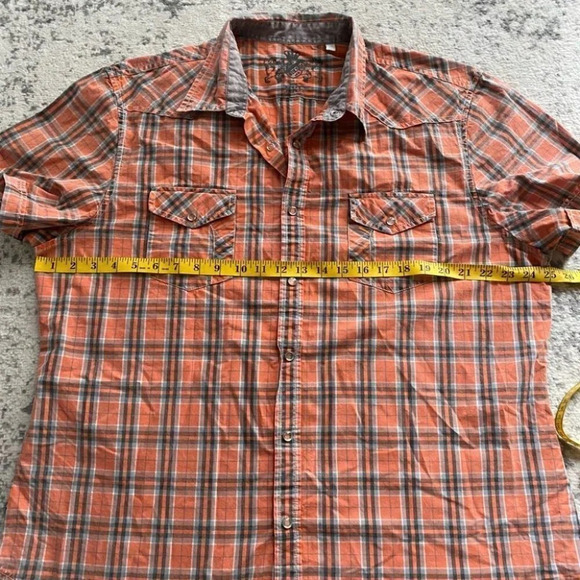 Guess Button front shirt casual plaid orange gray snap buttons short sleeve XXL - Picture 7 of 9